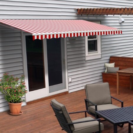 ALEKO Retractable Home Patio Awning 12x10 Feet, Red And White Stripes